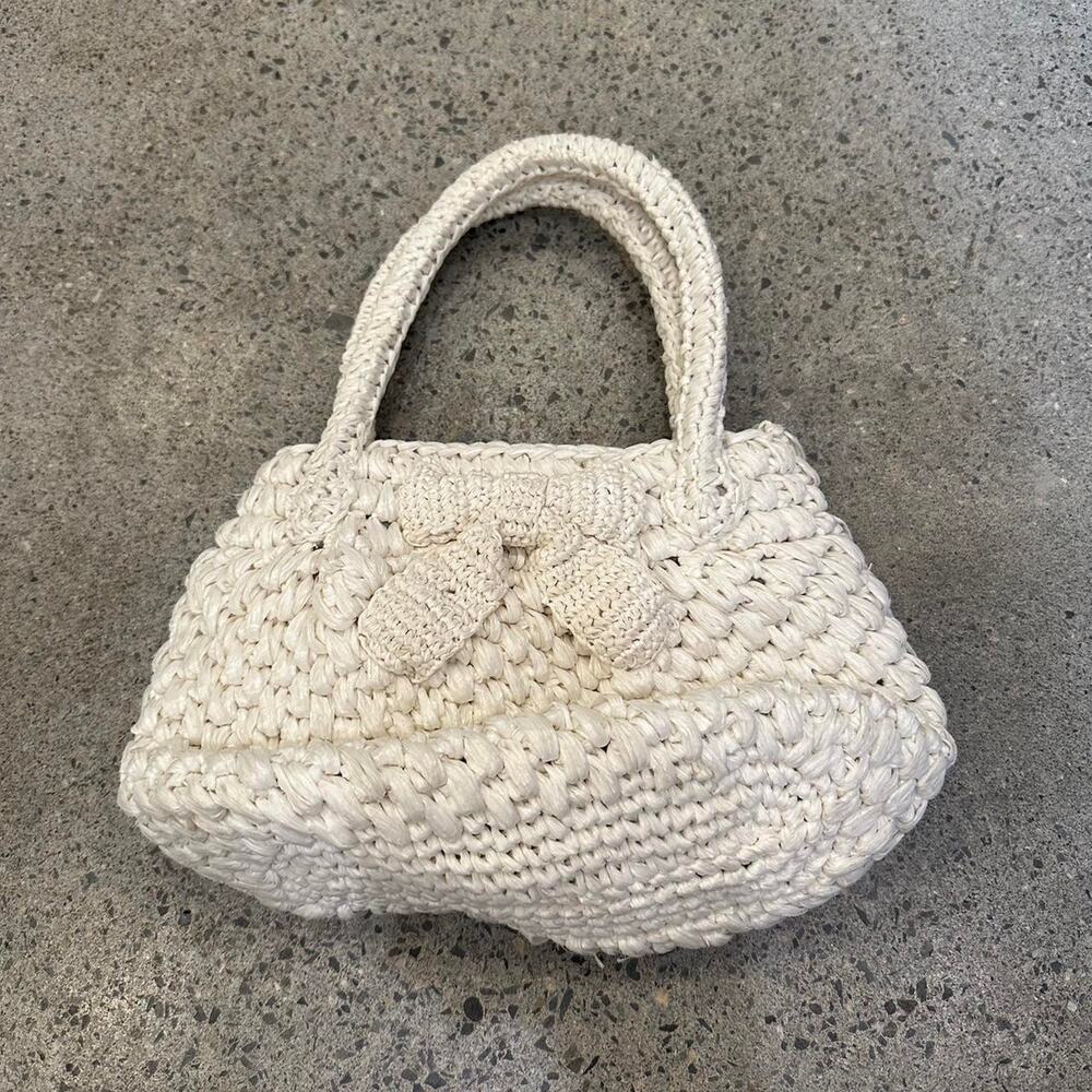 Women's Handbag White Raffia Straw 80s Satchel Purse Hand Bag Vintage Summer